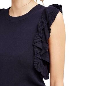 Knitted & Knotted Anthropologie Navy Ruffle Knit Women's Top Preppy Classic Twee